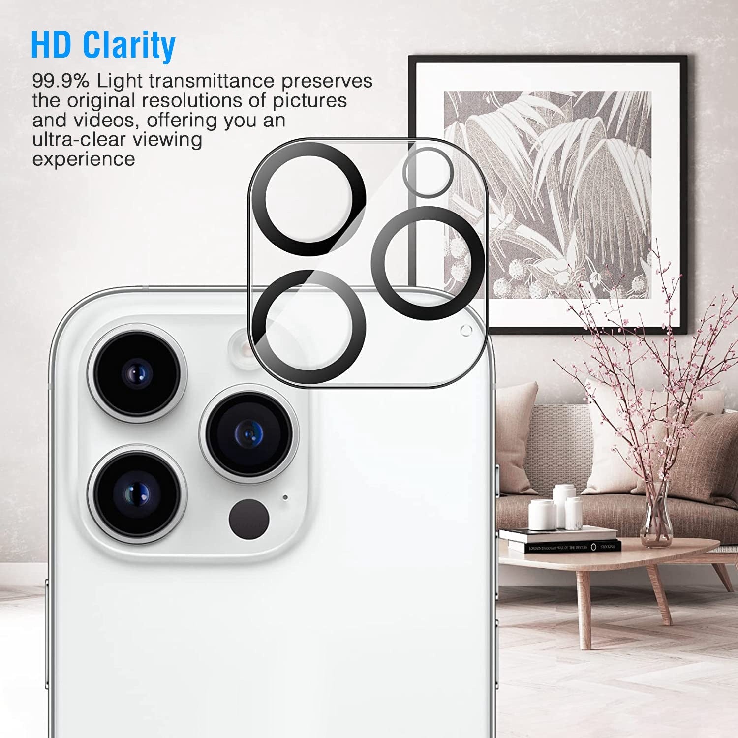 Tempered glass camera lens protectors on phone cameras with clear rings and precise cutouts