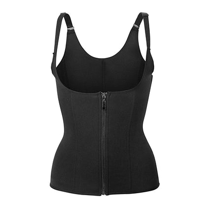 Black zip-front waist trainer corset with adjustable shoulder straps and underbust panel.