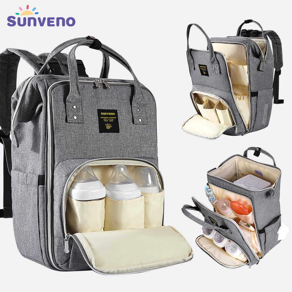 Gray diaper bag backpack with organized front pocket and matching changing-pad insert