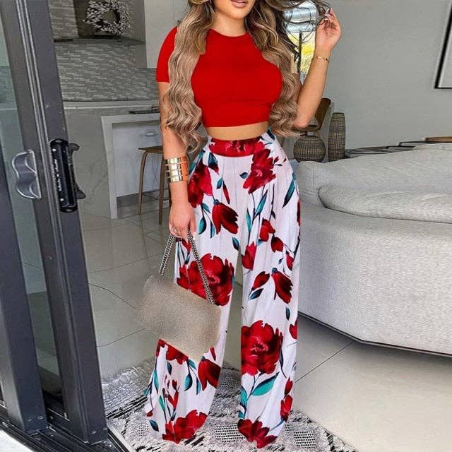Two Piece Sets Elegant Print Short Sleeve Shirt Pullover Wide Leg Pants Suits