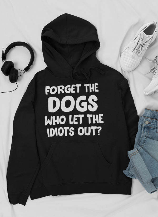 Black pullover hoodie with front text graphic, hood drawstrings, kangaroo pocket.