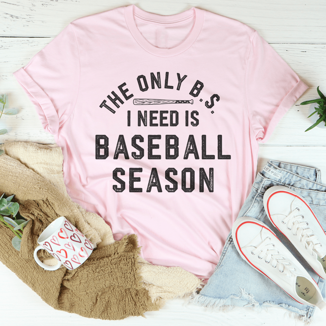 Baseball season T-shirt in light pink with bold baseball season text graphic
