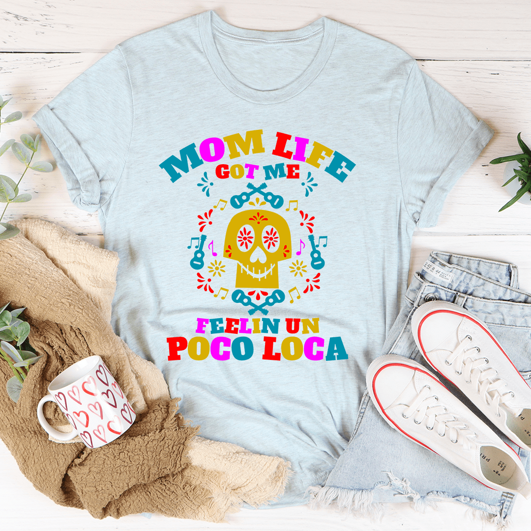 Light blue T-shirt with colorful skull and “Mom Life” text graphic, crew neck