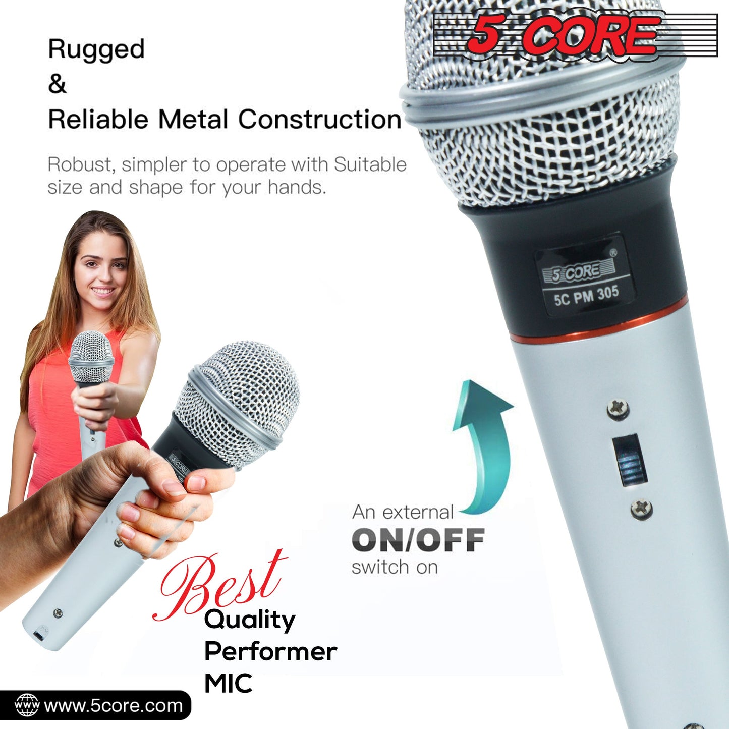 Light blue wired handheld dynamic microphone with external on/off switch and grille