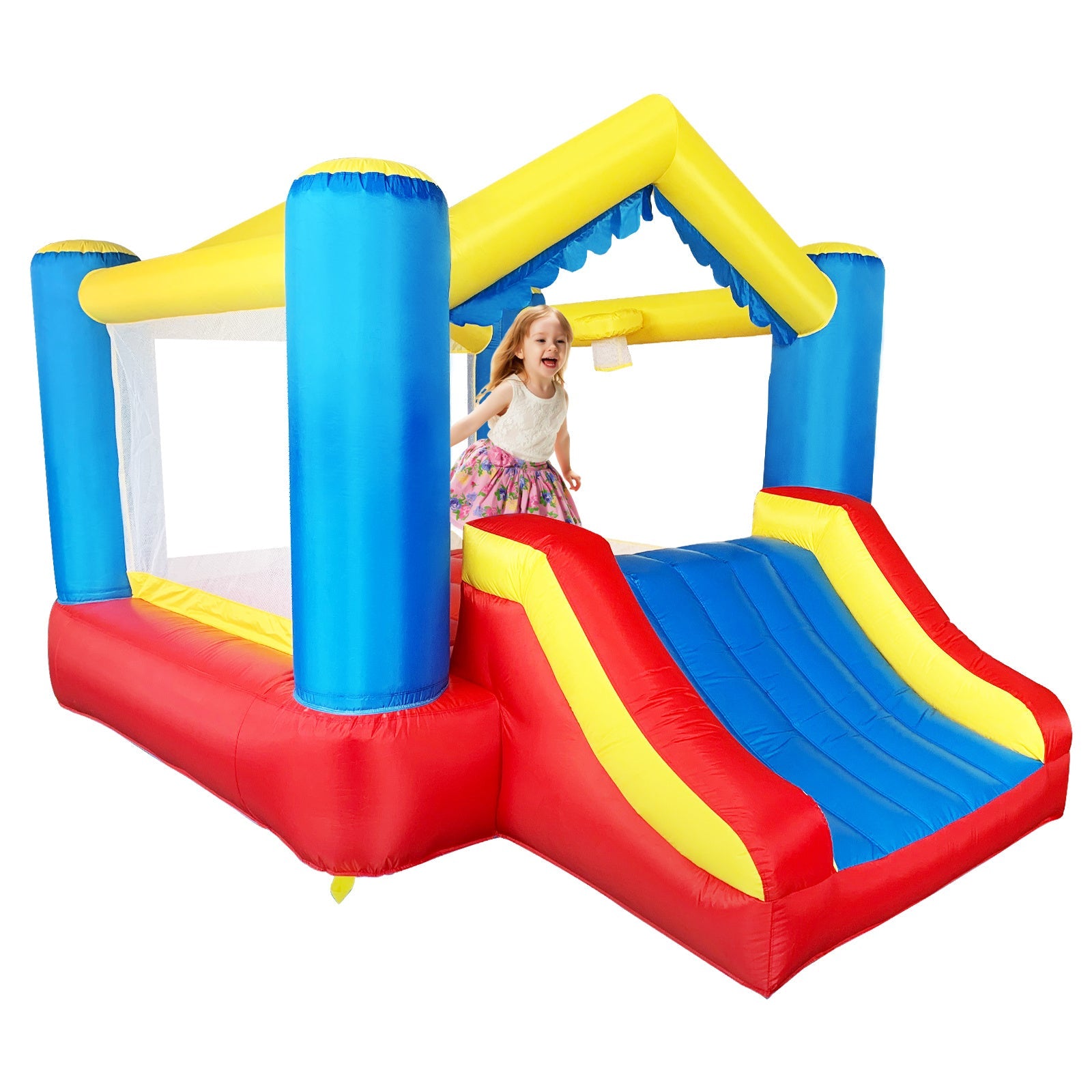 Inflatable bounce house with slide, red base, blue pillars, yellow slide and rails
