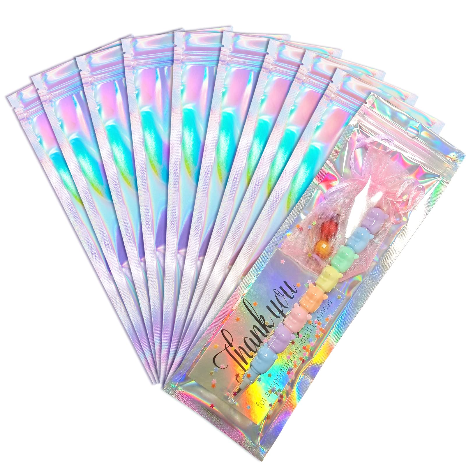 Holographic resealable foil pouch bag set with zip top and hanging hole