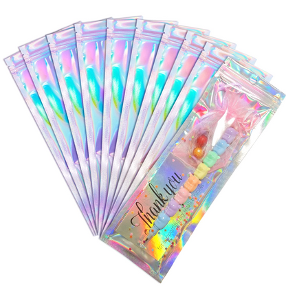 Holographic resealable foil pouch bag set with zip top and hanging hole