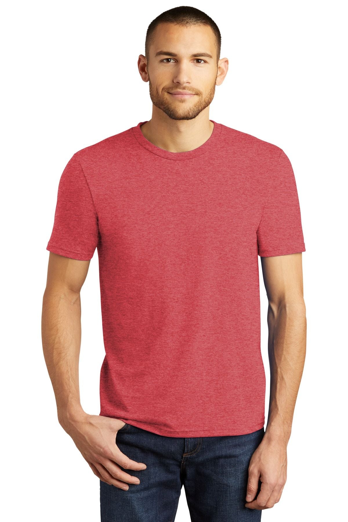 Red heathered crewneck tri-blend T-shirt with short sleeves and ribbed collar