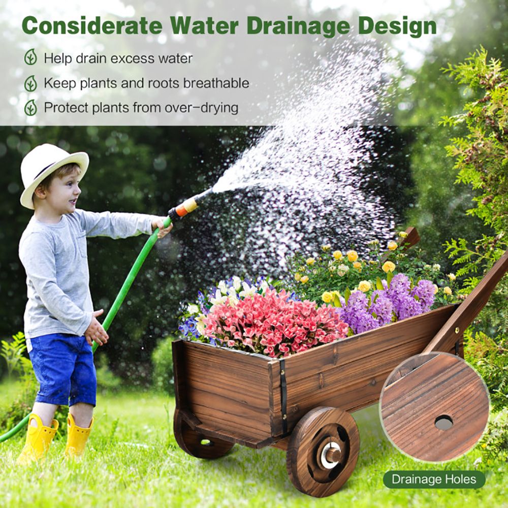 Wooden Wagon Planter Box with Wheels Handles and Drainage Hole