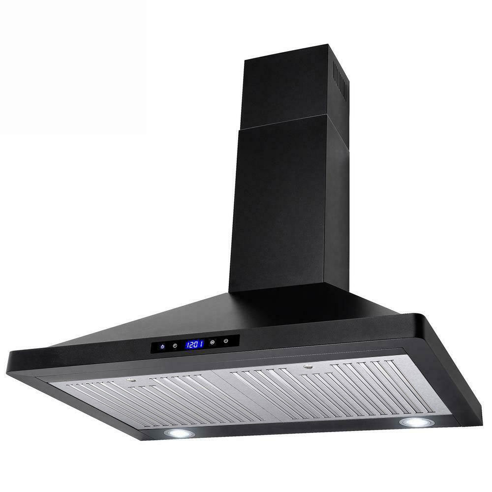 30 inch wall mount kitchen hood in black with LED lighted vent grille