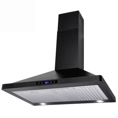 30 inch wall mount kitchen hood in black with LED lighted vent grille