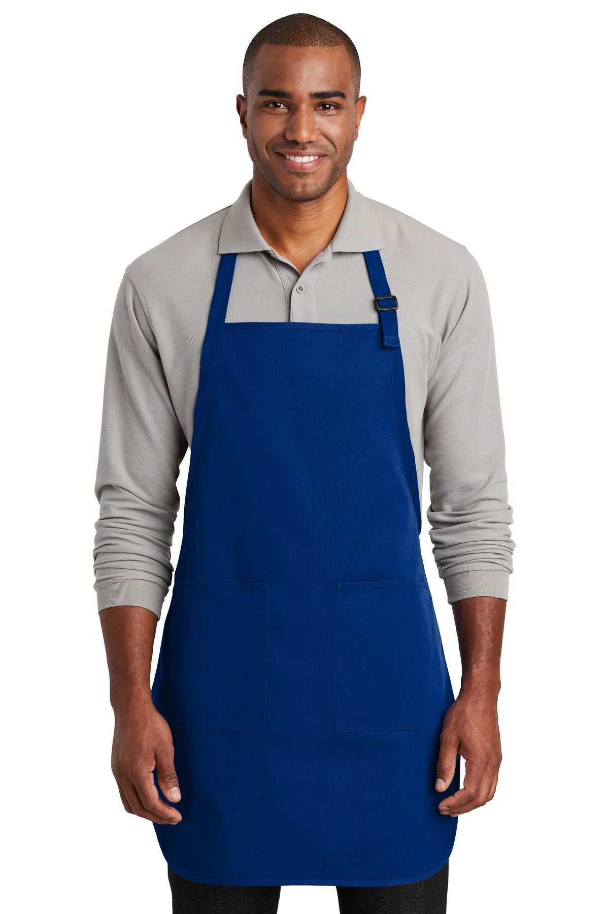 Full-length two-pocket bib apron, royal blue, with neck strap and two front pockets.