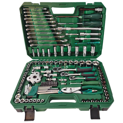 Open green tool case showing socket heads, ratchet handle, and wrench sockets