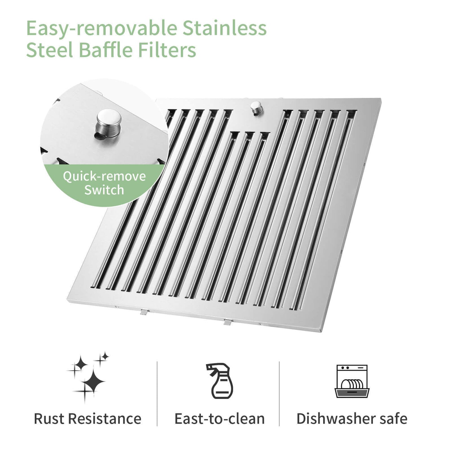 Stainless steel baffle filter for range hood with end tabs and vertical slots
