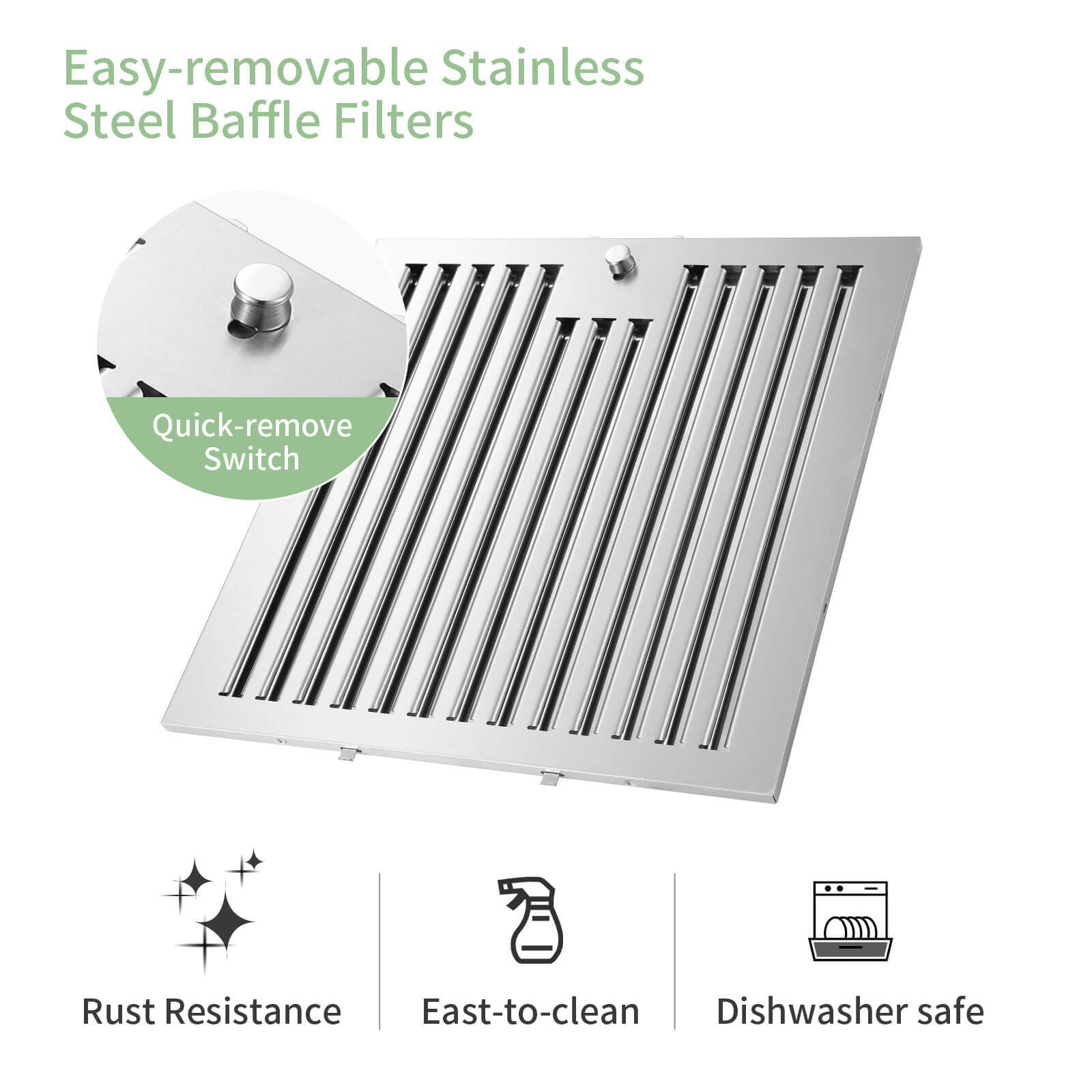 Stainless steel baffle filter for range hood with end tabs and vertical slots