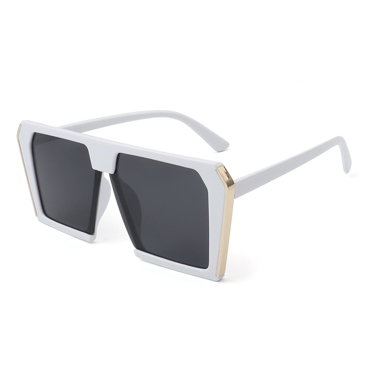 Women’s square oversize sunglasses, white frame side view with dark gray lenses