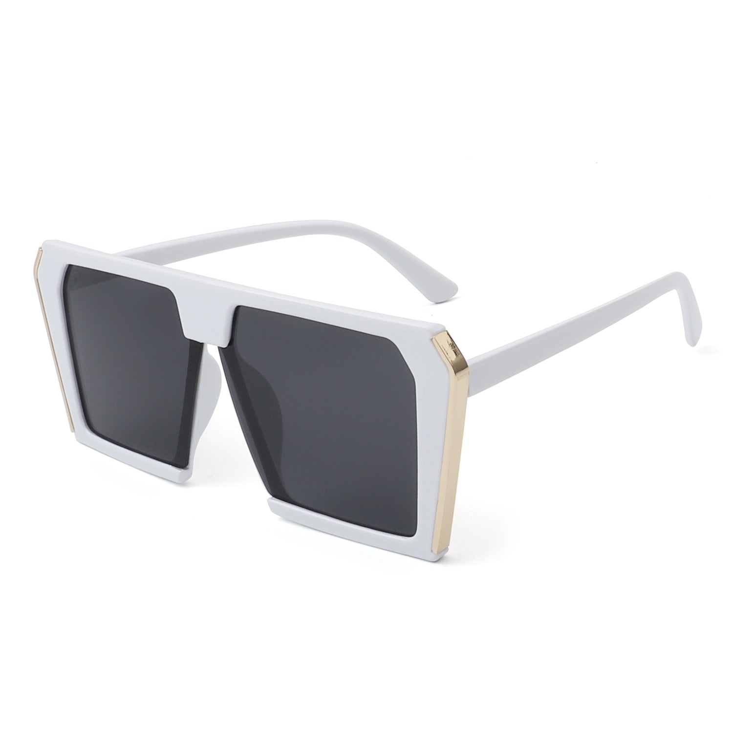 Women’s square oversize sunglasses, white frame side view with dark gray lenses