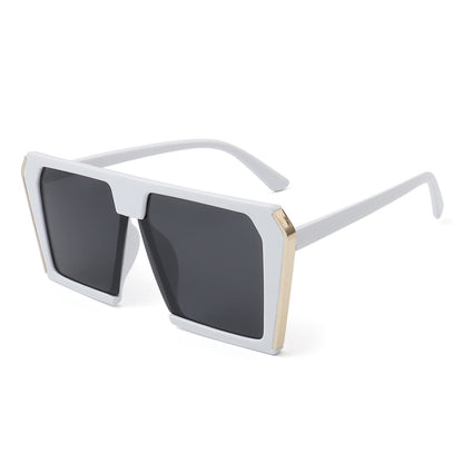 Women’s square oversize sunglasses, white frame side view with dark gray lenses