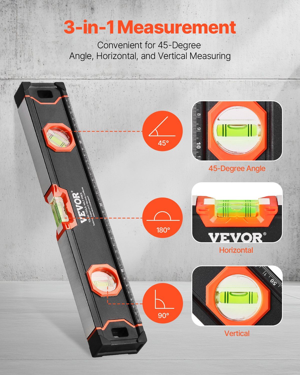 VEVOR 4-Piece Torpedo Level, 48/24/16/10 Inch All Magnetic Levels Set, Fluorescent Light Up Bubble Vials Ruler for 45/90/180 Degree, Aluminum Alloy Magnetic Box Leveler Tool, SAE and Metric Scale