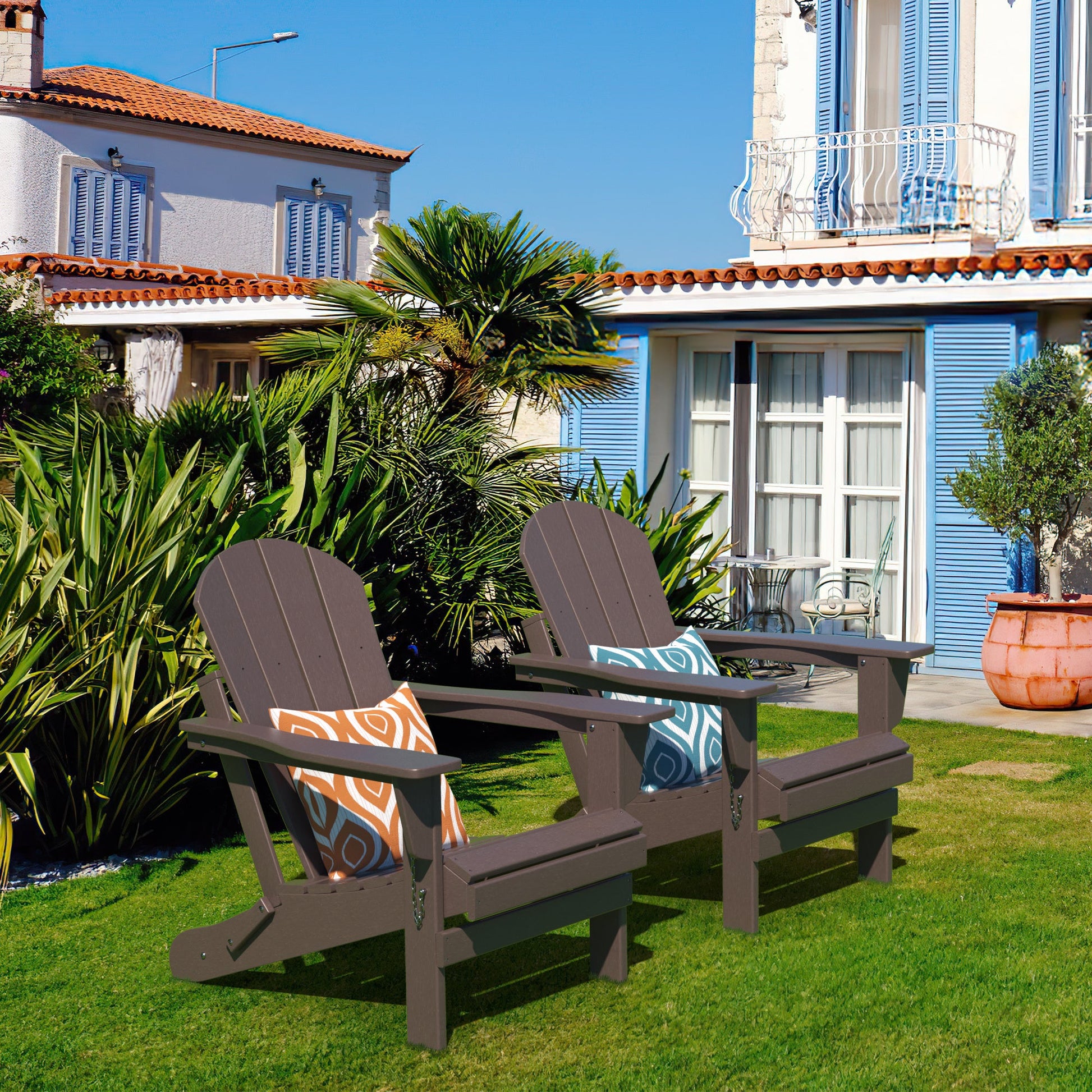 Folding adirondack chair in dark brown on outdoor lawn
