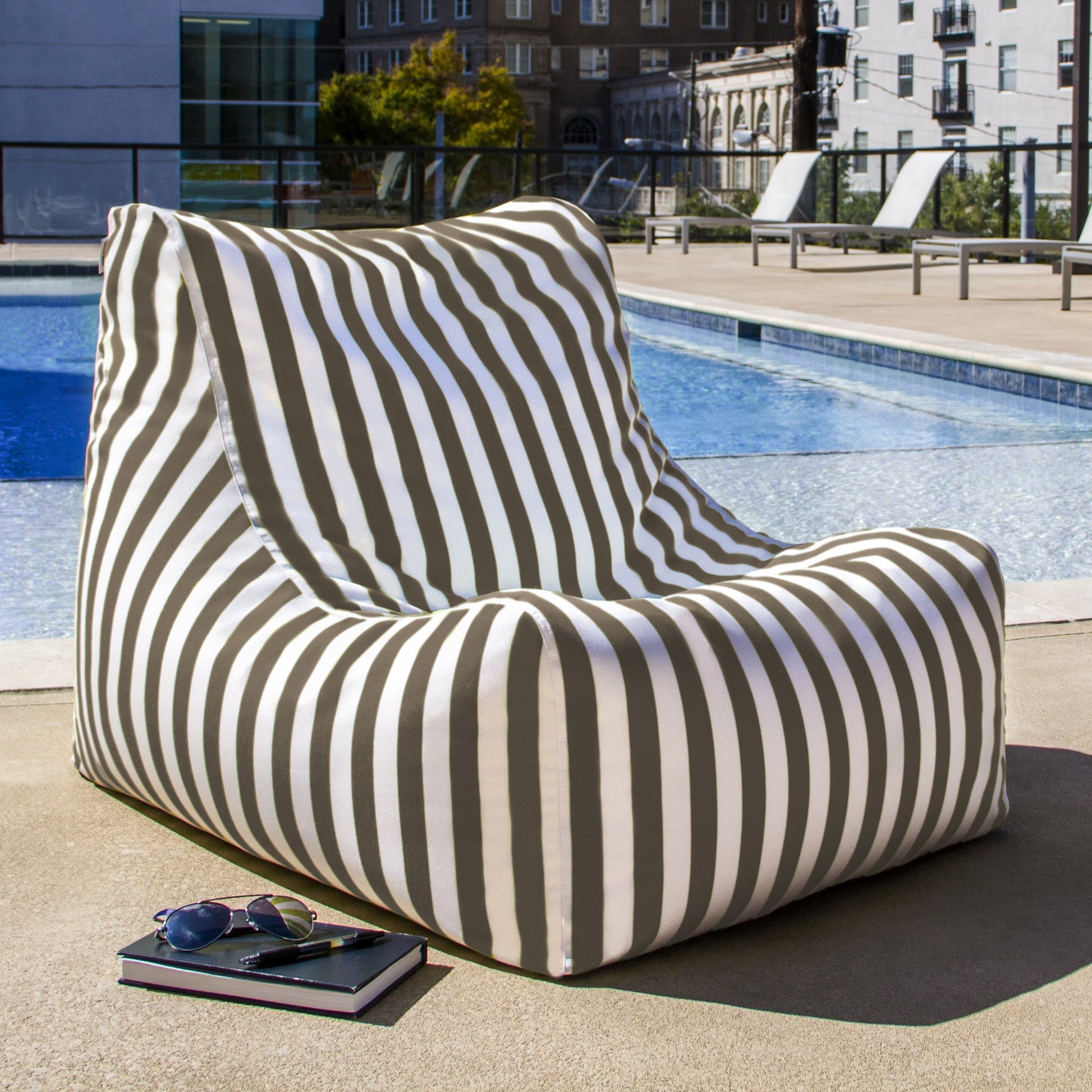 Outdoor bean bag chair with taupe-and-cream vertical stripes and deep seat