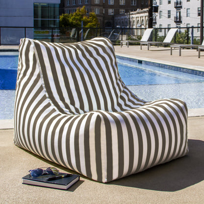 Outdoor bean bag chair with taupe-and-cream vertical stripes and deep seat