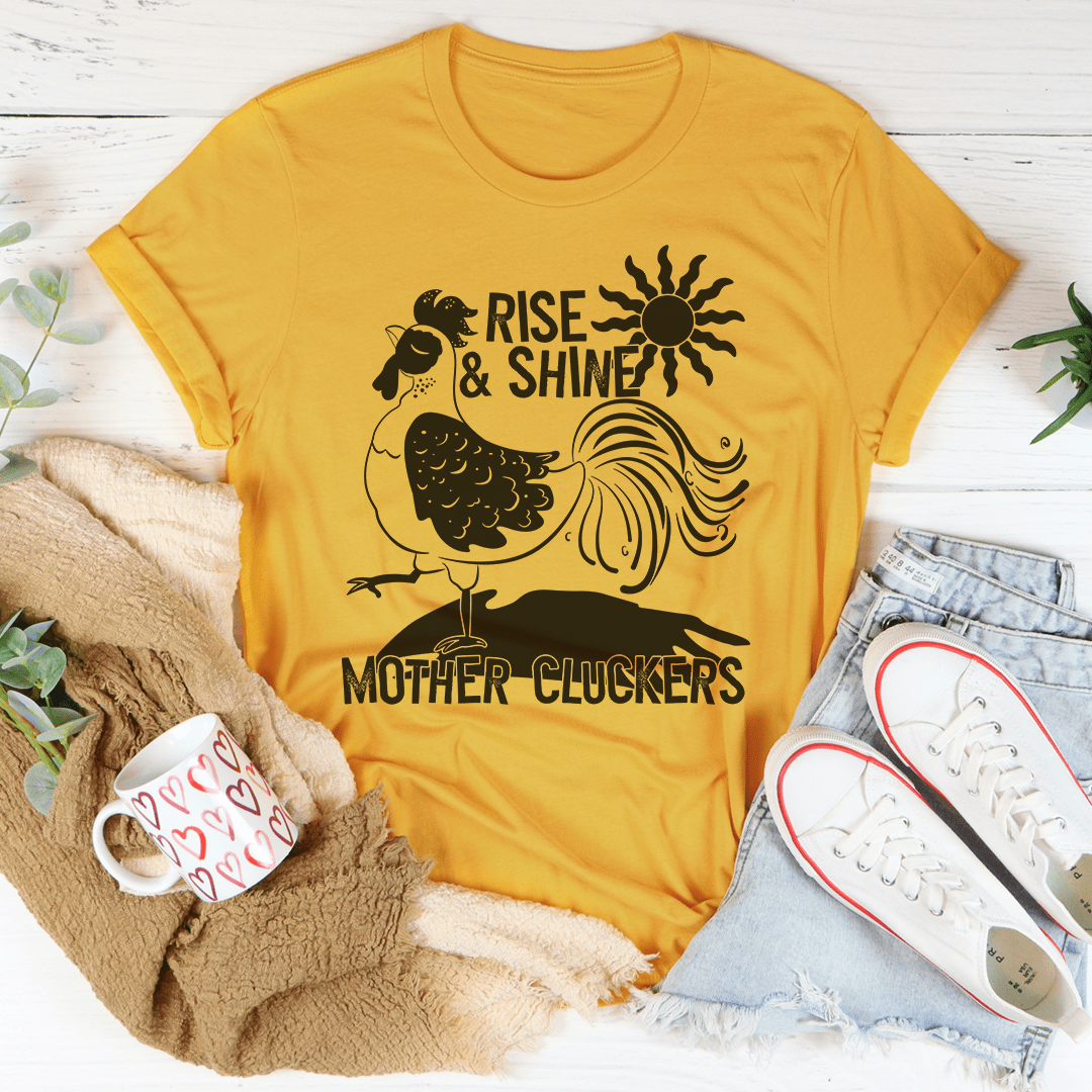 Mustard crew-neck T-shirt with rooster 'Rise & Shine' and 'Mother Cluckers' print