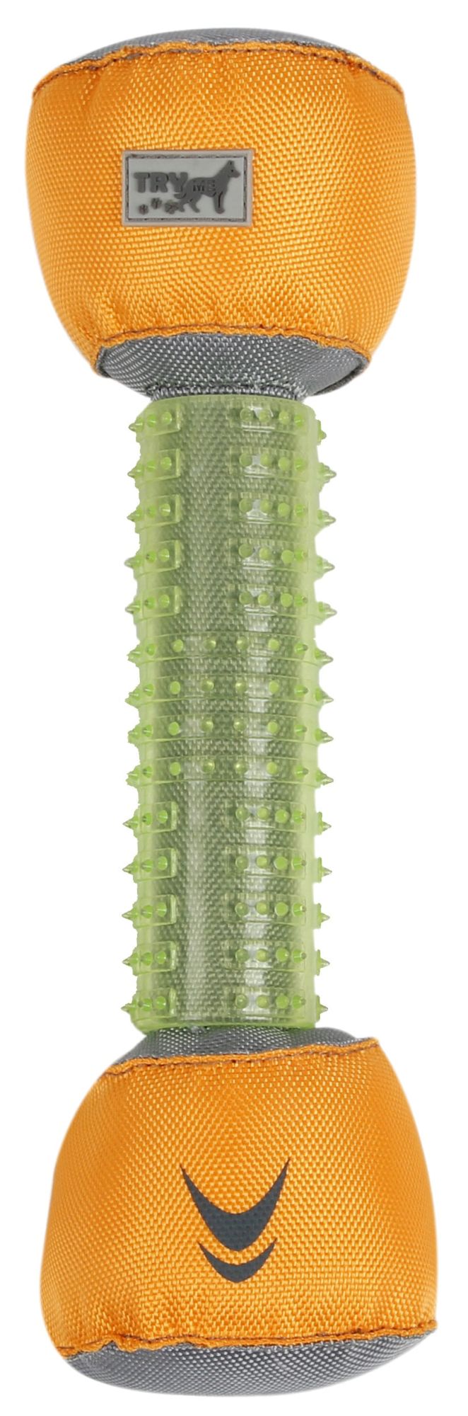 Floating dental fetch dog toy with orange top and bottom, green textured middle