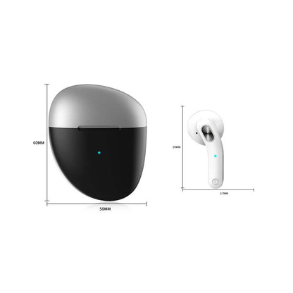 Charging case and Bluetooth earbud with size measurements, dark case and white earbud