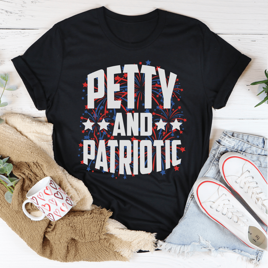 Black crew-neck T-shirt with centered 'PETTY AND PATRIOTIC' star graphic