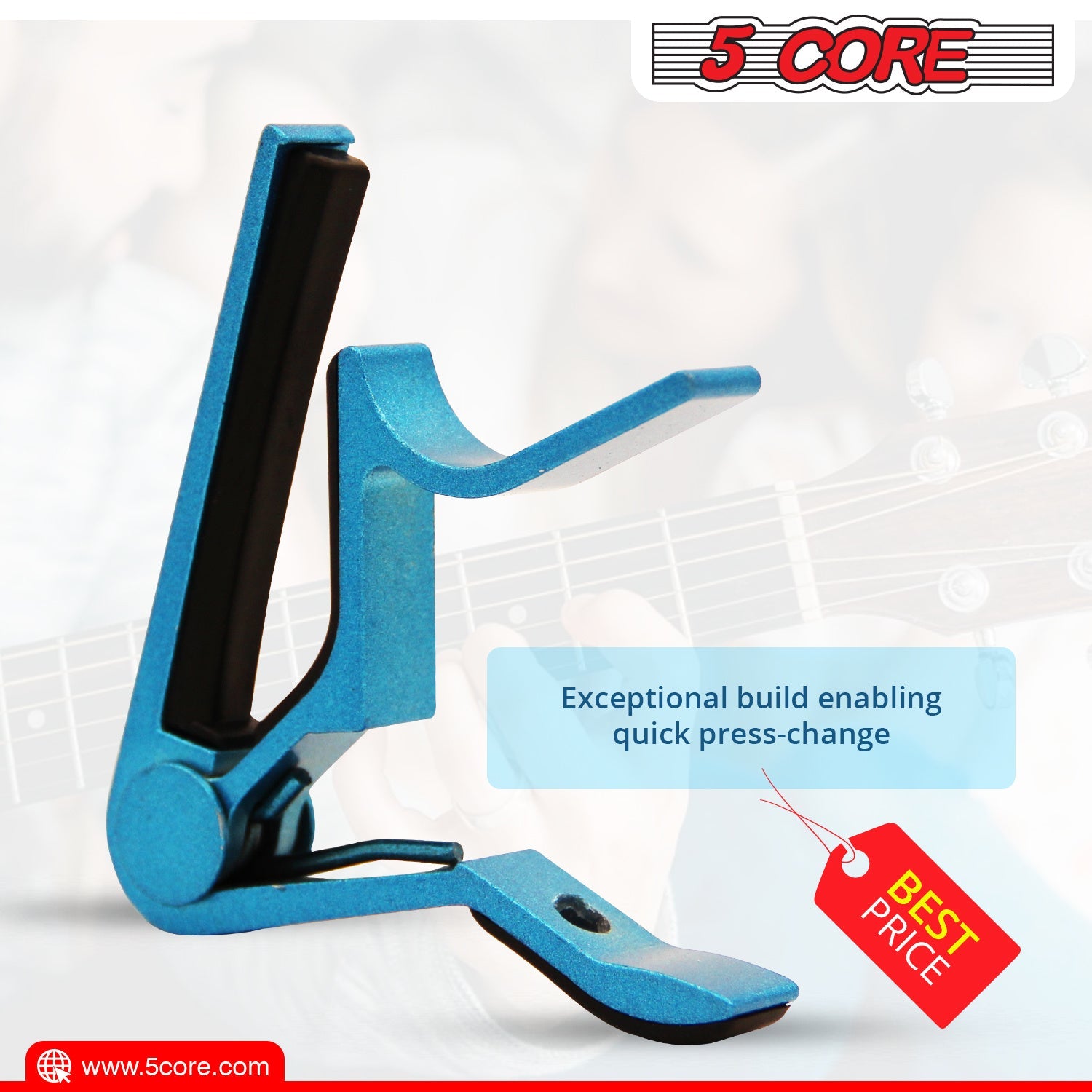 Blue guitar capo clamp with curved top and black contact bar, front view.
