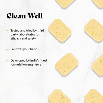 Handwash soap tablets, pale yellow square tablets on white surface