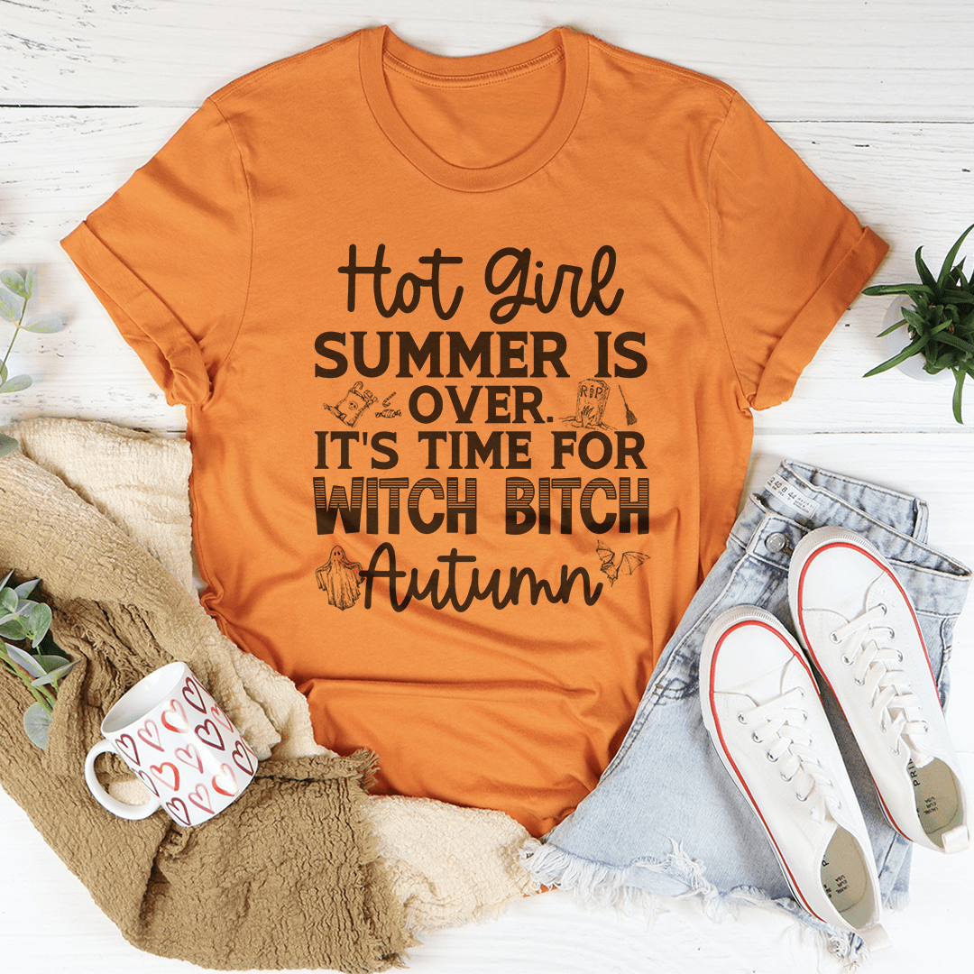 Burnt orange crewneck short-sleeve T-shirt with 'Hot Girl Summer Is Over' graphic text