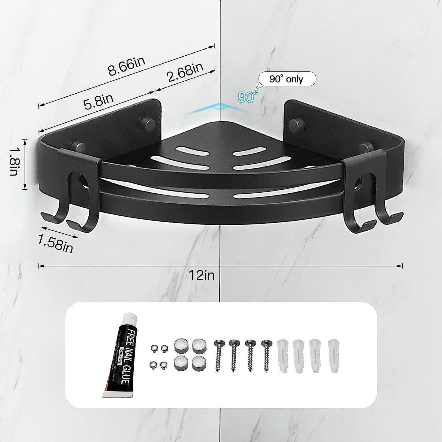 Black corner shower shelf caddy with dimensions and included mounting hardware layout