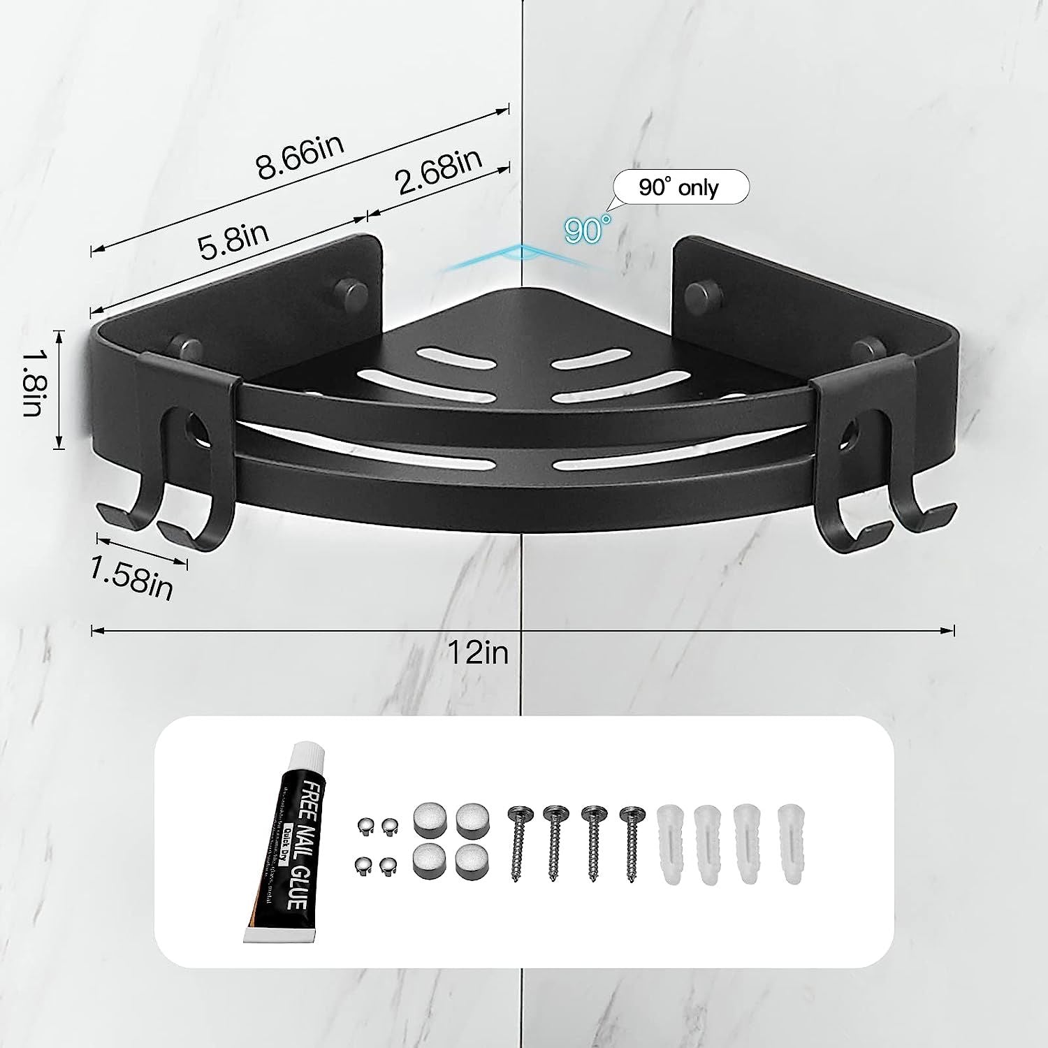 Black corner shower shelf caddy with dimensions and included mounting hardware layout