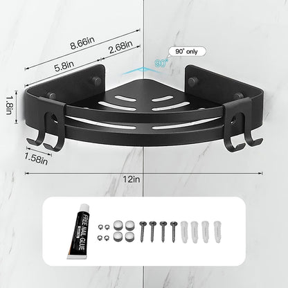Black corner shower shelf caddy with dimensions and included mounting hardware layout