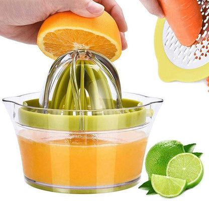 Green manual citrus squeezer showing top cone and built-in measuring cup with juice.
