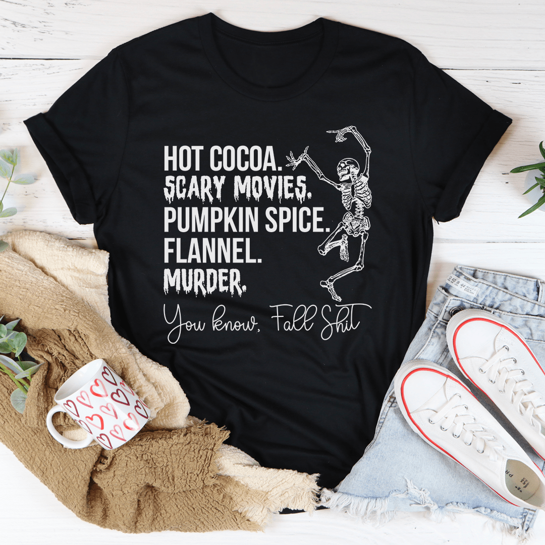 Black crewneck T-shirt featuring Halloween quote text and skeleton illustration