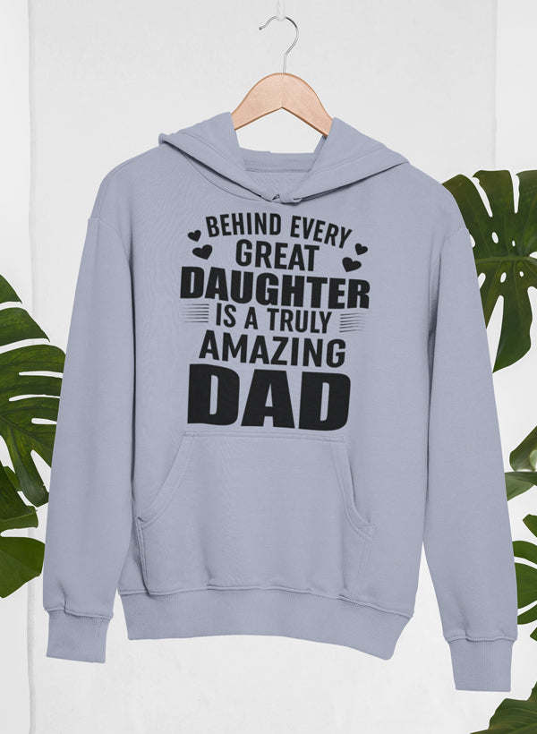 Light gray pullover hoodie with front pocket and bold dark dad text graphic