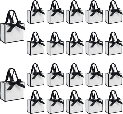 50 PCS Small White Black Gift Bags with Handles, 6.4×3.1×5.1 Inch Thank You Bags with Bow Ribbon for Baby Shower, Bridal Shower, Wedding, Party Favors, Thanksgiving, Christmas