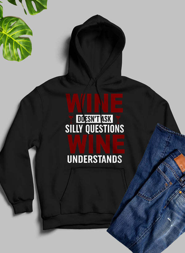 Black hoodie with red and white WINE graphic text on the chest.