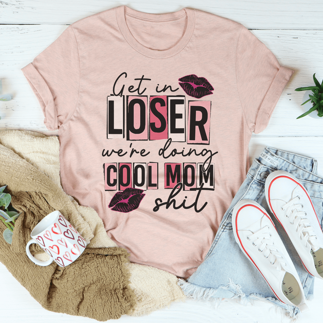 Blush pink T-shirt with crew-neck and 'LOSER' and 'COOL MOM' slogan graphic in black and rose
