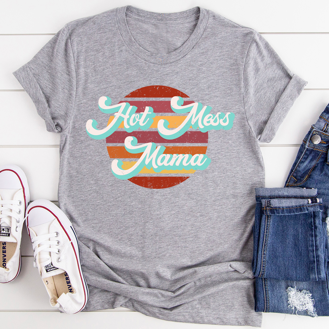 Heather grey crew-neck t-shirt with "Hot Mess Mama" graphic