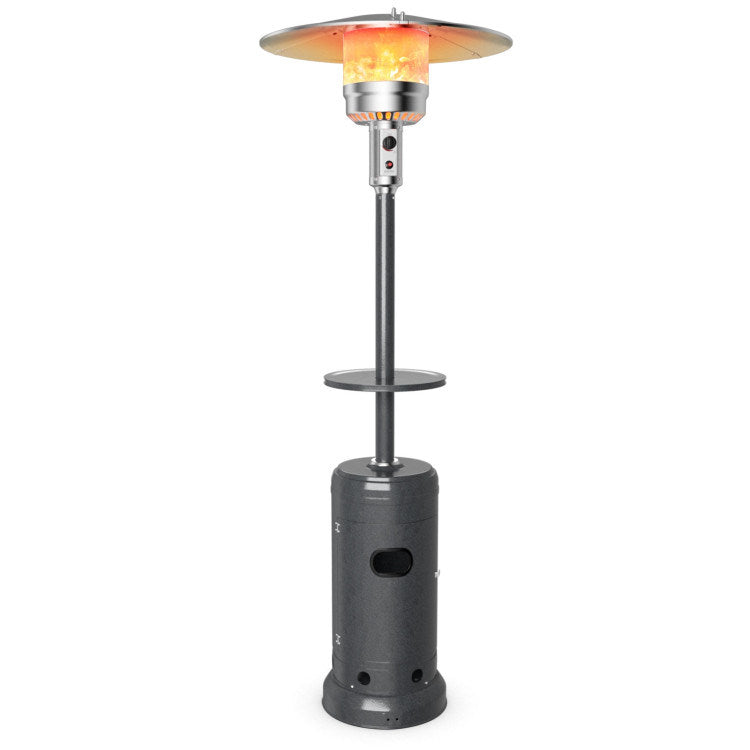 Black propane patio heater with round warming top and tank base
