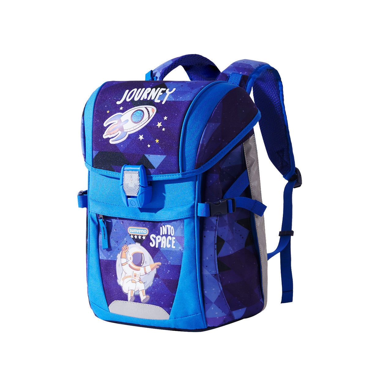 Children's blue school backpack with astronaut graphic, front organizer pocket and straps