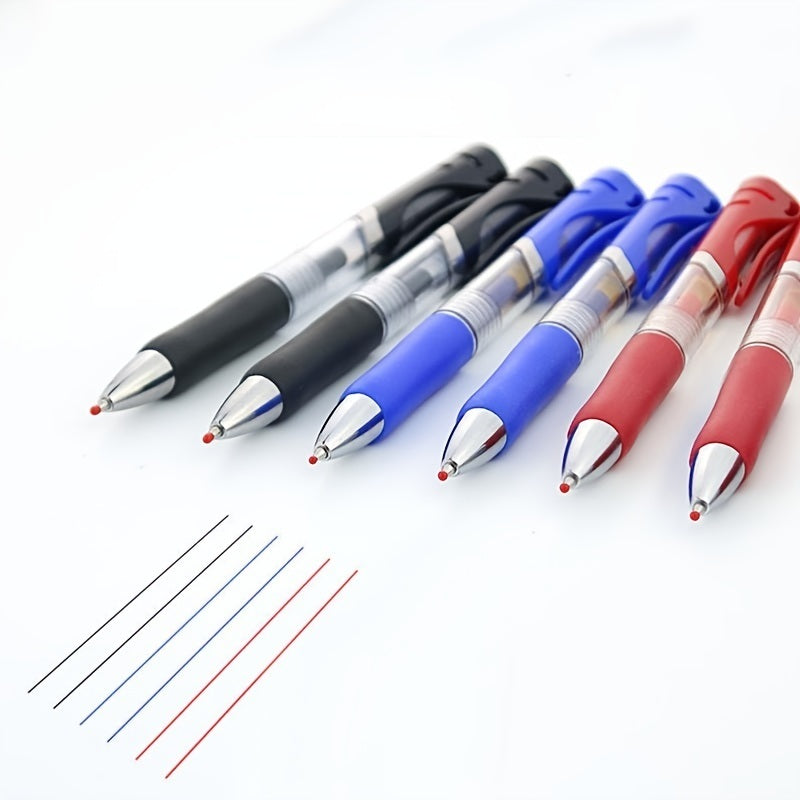 Press-and-push gel pens, red blue and black with extra refill tips