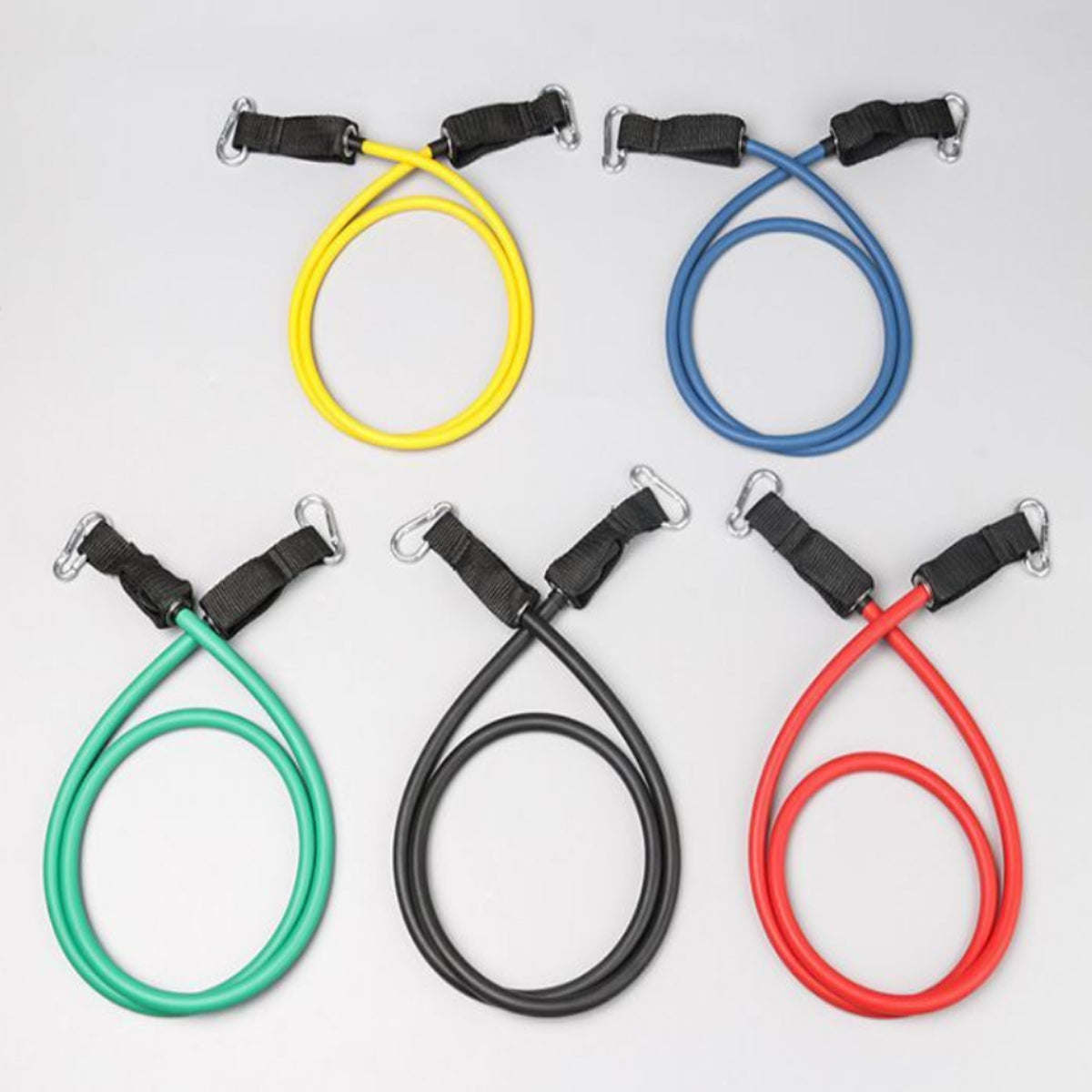 Colored loop resistance bands with black straps and metal hooks