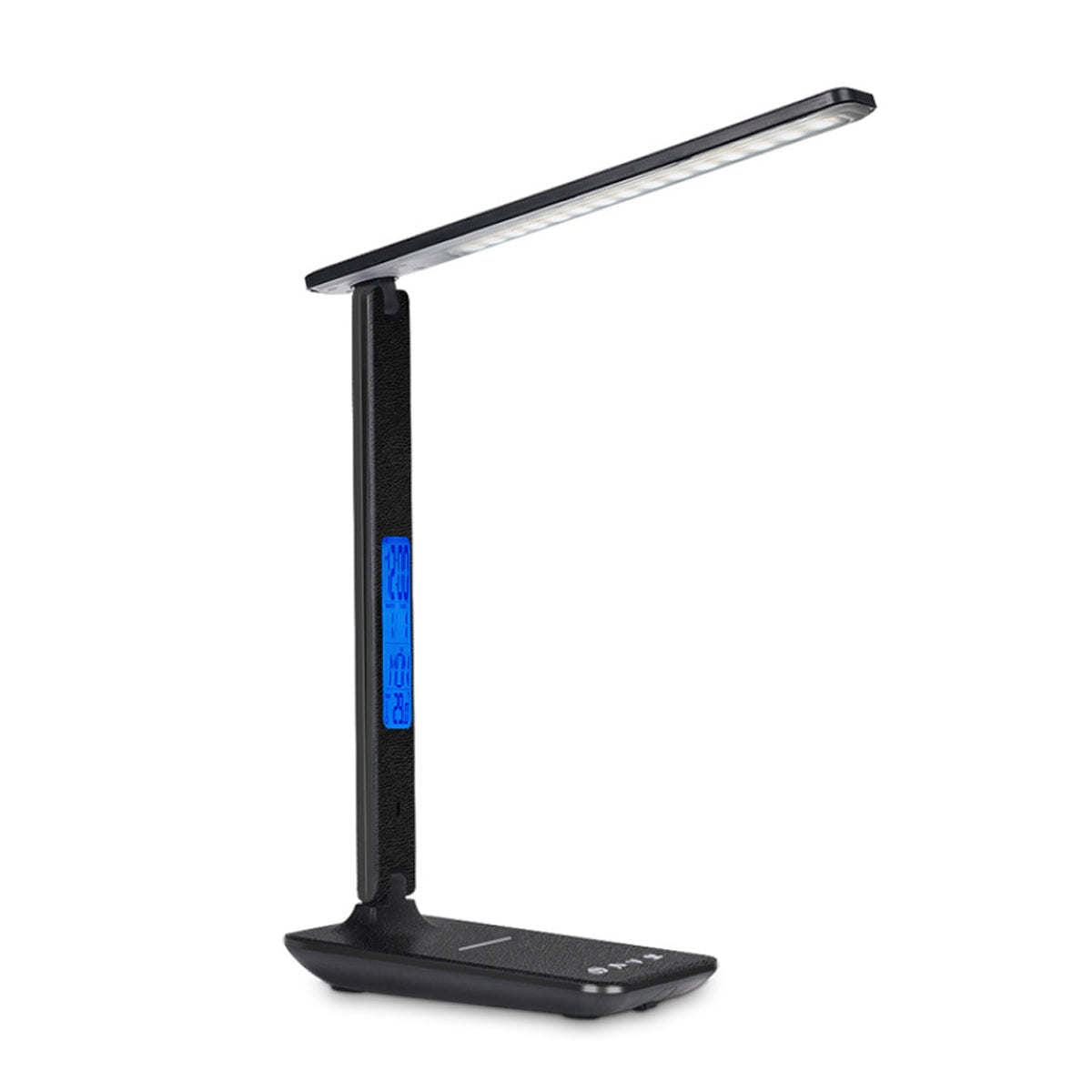 Black 3-in-1 desk lamp with blue display strip on stand and flat base