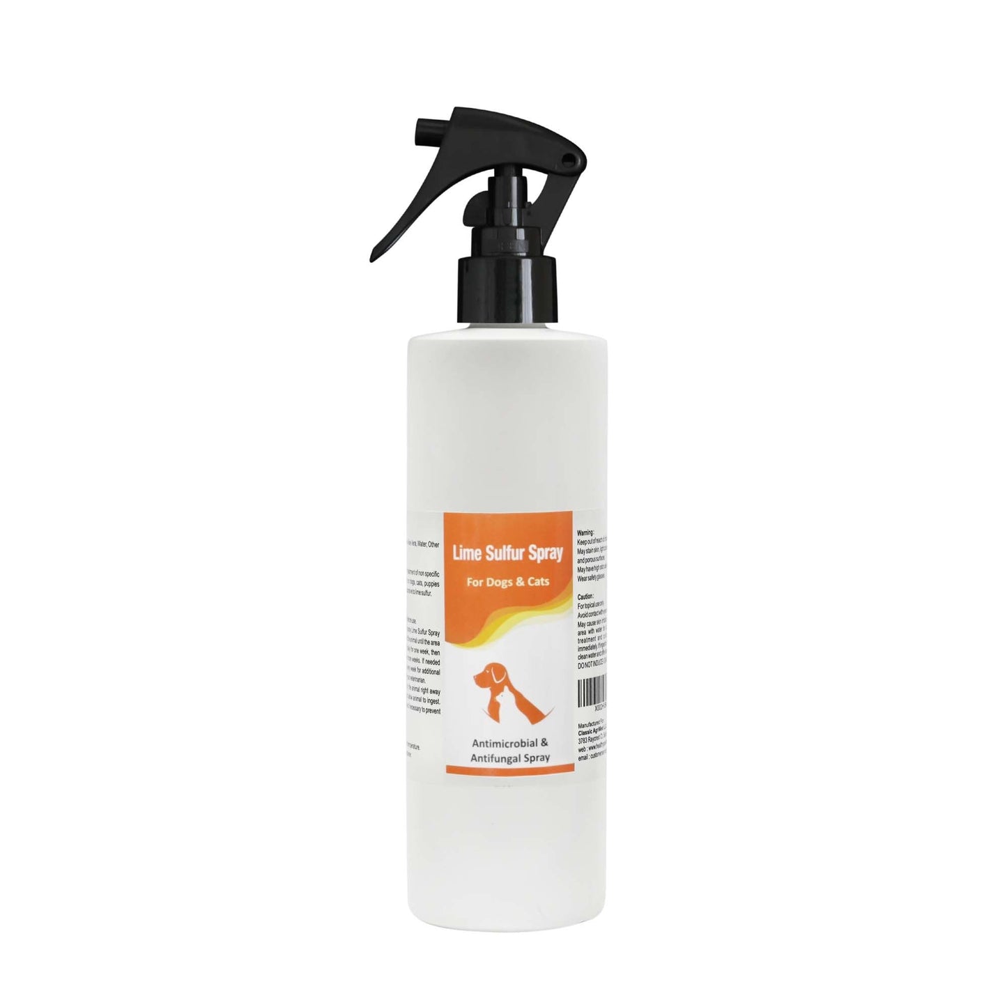 Sulfur spray bottle with black trigger sprayer and orange label for dogs and cats