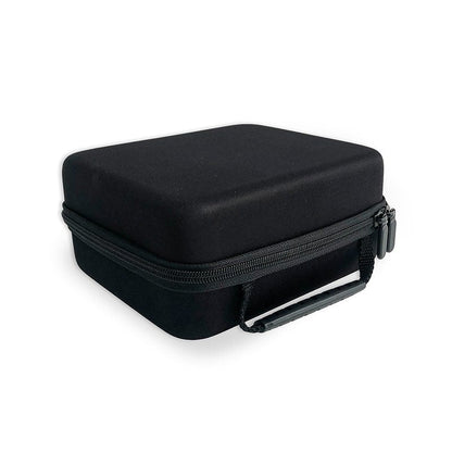 Small battery storage case, black hard-shell with zip closure and carrying handle.